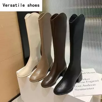 Винтажные женские тонкие сапоги до колена, модные туфли с молнией сзади, осенне-зимние, на толстом каблуке, женские, эластичные, современные, длинные сапоги 35