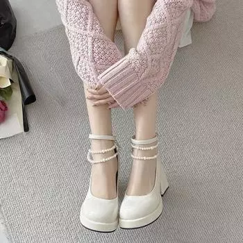 Винтажные женские туфли Мэри Джейн на высоком каблуке, 2024 г., туфли-лодочки из лакированной кожи на платформе, женские туфли на толстом каблуке с жемчужной цепочкой 35 чёрный