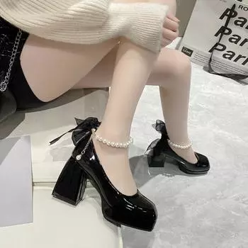 Винтажные женские туфли Мэри Джейн на высоком каблуке, 2024 г., туфли-лодочки из лакированной кожи на платформе, женские туфли на толстом каблуке с жемчужной цепочкой 35 чёрный