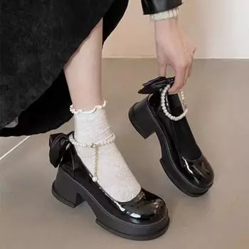 Винтажные женские туфли Мэри Джейн, весна-лето 2024, новые дизайнерские туфли на французской платформе с бантом на каблуке, женские туфли-лоферы из кожи 35 чёрный