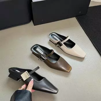 Винтажные женские туфли-мюли на низком каблуке весна-лето, модные неглубокие туфли-лодочки с квадратным носком 35 коричневый