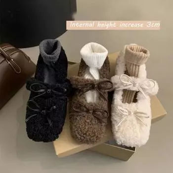 Винтажные женские туфли на плоской подошве с мехом, модные туфли с узлом-бабочкой, весна-осень, элегантные теплые женские туфли с внутренней высотой 3 см 35 покинуть белый