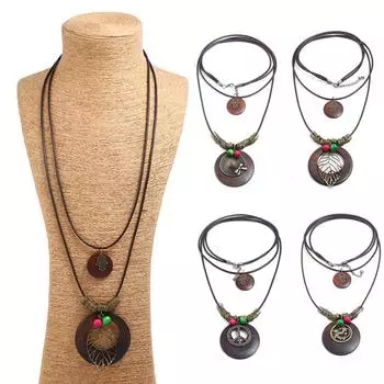 Винтажные женские украшения, деревянное круглое ожерелье с листьями дракона, многослойная цепочка для свитера