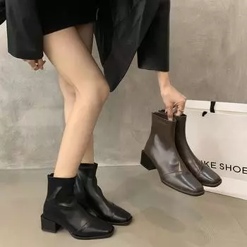 Винтажные женские утягивающие ботильоны, модные туфли с квадратным носком, осенне-зимние, толстые каблуки, элегантные короткие женские ботильоны 35