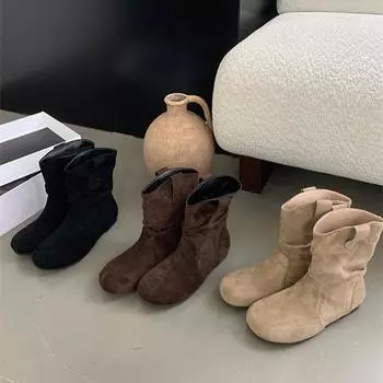 Винтажные зимние ковбойские сапоги в стиле вестерн, модные короткие ботильоны без застежек, дизайнерские туфли на плоской подошве с мягкой подошвой, женские сапоги 35