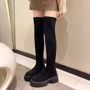 Винтажные зимние замшевые женские сапоги выше колена модные ботильоны на толстом каблуке длинные женские ботильоны Largas 35