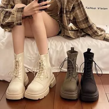 Винтажные зимние женские ботильоны на шнуровке, модные современные короткие ботильоны, лаконичные женские туфли в уличном стиле на квадратном каблуке 35
