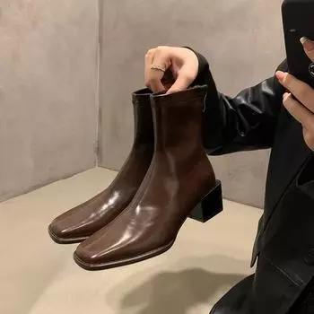 Винтажные зимние женские ботильоны с квадратным носком, модные короткие ботильоны на молнии, дизайнерские толстые каблуки, Botas De Mujer 35