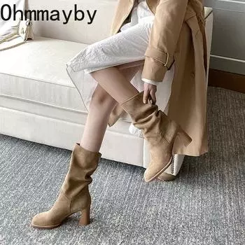 Винтажные зимние женские ковбойские сапоги в стиле вестерн, модные полусапожки до середины голени, квадратные высокие каблуки, вечерние платья, женская обувь 35