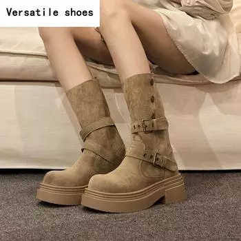 Винтажные зимние женские мотоциклетные ботинки, модные ботинки с пряжкой на ремне и средней длиной до икры, повседневная женская обувь на толстом каблуке 35