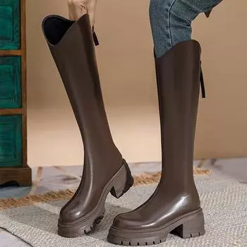 Винтажные зимние женские сапоги до колена, модные длинные сапоги на молнии, туфли на квадратном каблуке Largas De Mujer 35