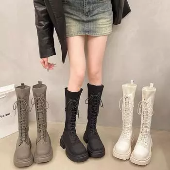 Винтажные зимние женские сапоги на шнуровке до колена, модные современные длинные сапоги, дизайнерские толстые каблуки, Botas De Mujer 35
