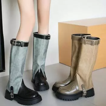 Винтажные зимние женские сапоги с пряжкой на ремне, модные длинные сапоги без застежек, дизайнерские сапоги на толстом каблуке Botas De Mujer 35
