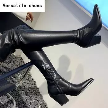 Винтажные зимние женские сапоги выше колена с острым носком, модные толстые каблуки, длинные сапоги, женские сапоги Largas 35