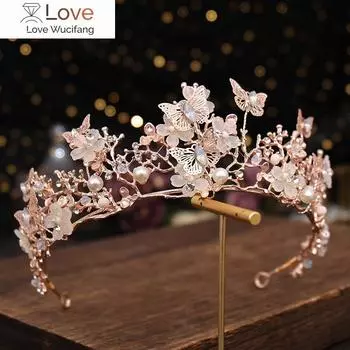 Винтажные золотые диадемы с цветами и бабочками, короны, барочные жемчужины, пышная диадема, головной убор, украшения для волос, свадебные аксессуары для волос