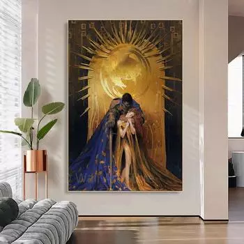 Винтажные золотые художественные постеры под дубом, рыцарь обнимает женщину, холст, живопись, ретро постеры и принты для влюбленных, HD изображение, декор 21x30cm No Framed