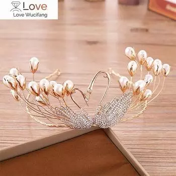 Винтажные золотые лебединые жемчужные украшения для волос для женщин, тиара и короны ручной работы, королевские обручи для волос, диадема, свадебный аксессуар