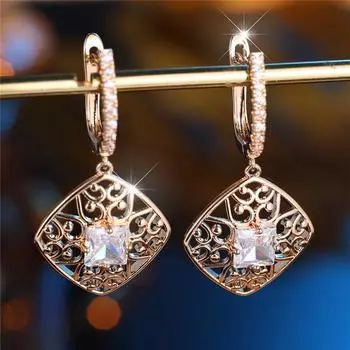 Винтажные золотые полые длинные висячие серьги для женщин белые квадратные циркониевые серьги свадебные украшения золотой