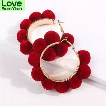 Винтажные золотые серьги-кольца с круглыми помпонами, серьги с леопардовым принтом для женщин, красные серьги-кольца с большими помпонами в креольском стиле, рождественские украшения красный