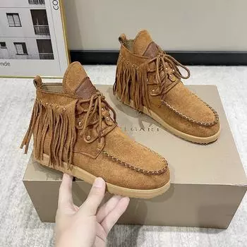ВинтажныеКисточкиБотинки на щиколоткеСкругленный носокТвердыеПлоские каблукиПовседневныеБогемияСтильные ботинки Женские Осенние Зимние Новые Модели Комфортные Теплые Короткие ботинки 36