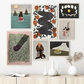 Винтажный абстрактный плакат с черным котом, четыре сезона, цветочная еда, кошачий принт, настенная картина, веселая ванная комната 21cm30cm NoFrame