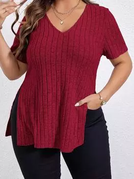 Винтажный элегантный свободный однотонный трикотажный топ с V-образным вырезом, женский эстетичный шикарный тонкий открытый топ большого размера, женская модная повседневная футболка с эластичной талией XL чёрный