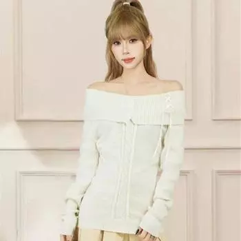 Винтажный элегантный уличный вязаный пуловер женский корейский модный сексуальный бант повязка с косым вырезом приталенный свитер сплошной цвет шикарный S белый