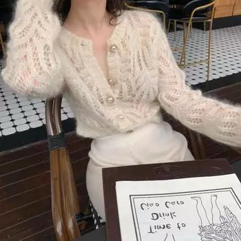 Винтажный элегантный женский кардиган, осенне-зимний женский вязаный кардиган с длинным рукавом, свитер, модные открытые свитера, топы 16179 One Size слоновая кость