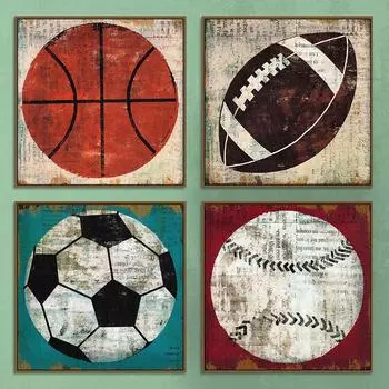 Винтажный американский футбол, футбол, бейсбол, баскетбол, холст, картина, настенное искусство, ретро-постеры, печать, подростковая детская комната, украшение для дома 20x20cm Unframed