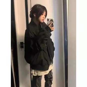 Винтажный американский уличный летный костюм, куртка, женская весенне-осенняя дизайнерская бейсбольная одежда Sense Niche, свободный верх S чёрный