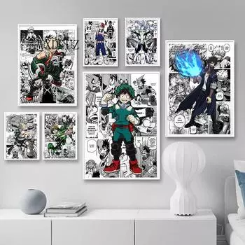 Винтажный аниме-фигурка «Мой герой Академии», черно-белый постер Izuku/Shoto, настенное искусство Kawaii, домашний декор, холст, постеры A4 21x30cm No Frame