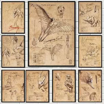 Винтажный эскиз монстра полевые заметки плакаты с совой динозавр Магия Волшебный мир животные холст картины настенная художественная роспись домашний декор 21x30cm No Framed