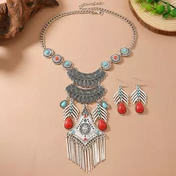 Винтажный этнический стиль Набор украшений Преувеличенное шейное украшение Ожерелье с длинными кисточками Серьги Фестиваль