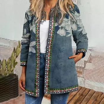 Винтажный этнический стиль принтованный пиджак большого размера, кардиган, женская одежда L светло-синий