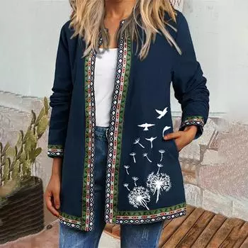 Винтажный этнический стиль принтованный пиджак большого размера, кардиган, женская одежда XXXXXL синий