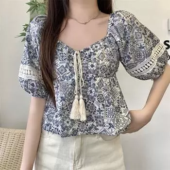Винтажный этнический стиль со шнуровкой и квадратным воротником, цветочные рубашки для женщин, летняя новая свободная блузка с рукавами-фонариками, женская элегантная модная приталенная женская рубашка 26130 One size синий