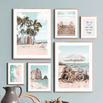 Винтажный автомобиль, велосипед, океан, пляж, пальма, доска для серфинга, настенная живопись на холсте, постеры и принты, настенные панно для декора гостиной A4 21X30cm No Framed