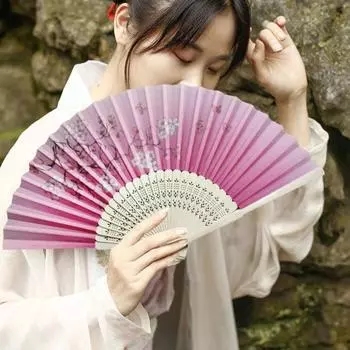 Винтажный бамбуковый складной ручной веер для женщин в китайском стиле, имитация шелка, ручной веер с цветочным узором и вырезом для украшения церкви, подарок для танцевальной вечеринки розовый