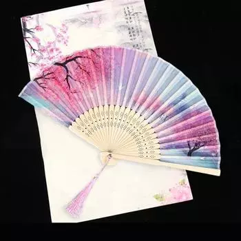 Винтажный бамбуковый складной веер с принтом, ручной веер с шелковой цветочной имитацией в китайском стиле, ручной с подвеской с кисточкой D