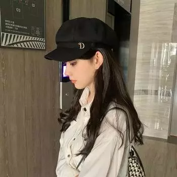 Винтажный берет с буквой D, женский, лицо знаменитости в Интернете, маленькая восьмиугольная шляпа, британская универсальная шляпа для газетчика на осень и зиму average size (56-58cm)