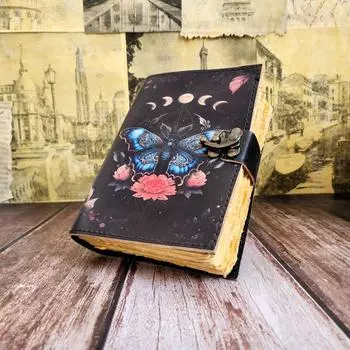 Винтажный блокнот Butterfly Leather Journal Dairy с замком C и 200 страницами Deckle 7 x 5 in чёрный