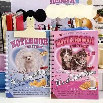 Винтажный блокнот с милым мультяшным котом, щенком, блокнот на катушке, кавайный студенческий альбом для вырезок, большой журнал с горизонтальной линией, обратно в школу A5