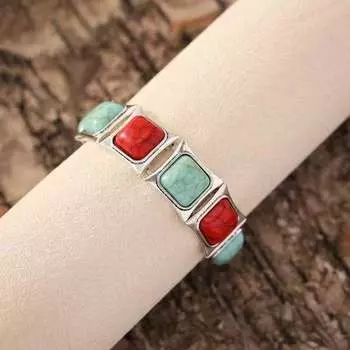 Винтажный богемный браслет с зеленым камнем, женский браслет в этническом стиле, персонализированные геометрические квадратные украшения 22cm белый