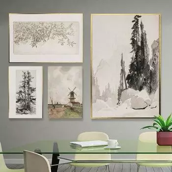 Винтажный ботанический плакат с эскизами, деревенский дом, художественный принт, пейзаж, холст, картина маслом, настенная картина, гостиная, домашний декор 21x30cm No Framed