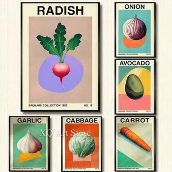 Винтажный ботанический растительный принт, редис, лук, чеснок, капуста, холст, живопись, вегетарианский постер для кухни, ресторана, декор 21x30cm No Framed