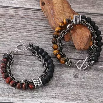 Винтажный браслет из бисера из белого бирюзового камня тигровый глаз для мужчин, браслет из нержавеющей стали 316L с двумя звеньями, для мужчин, доступно 8 цветов 21CM белый