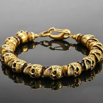 Винтажный браслет из нержавеющей стали с черепом и бусинами, мужские браслеты из натурального камня 8 мм, мужские браслеты из бисера, хип-хоп, панк-рок, ювелирные изделия для лучших друзей 21CM
