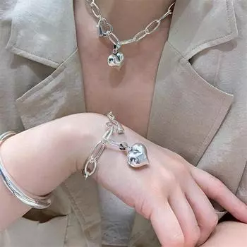 Винтажный браслет из стерлингового серебра 925 пробы в стиле панк с кисточкой и большим сердечком, браслет для женщин, вечерние корейские 2022, индивидуальные ювелирные изделия Sl087