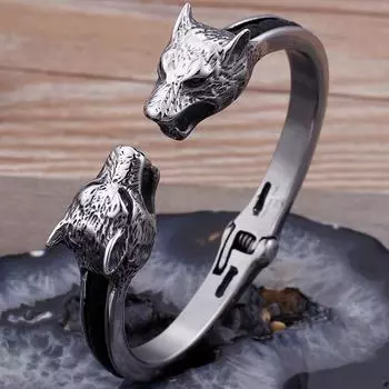 Винтажный браслет с двойной головой волка, открытый браслет-манжета для мужчин, мужские однотонные кожаные браслеты из нержавеющей стали, ювелирные изделия 67.CM