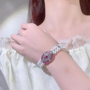 Винтажный браслет с двумя рядами жемчуга, красного корунда, синей шпинели и квадратными бриллиантами Y546